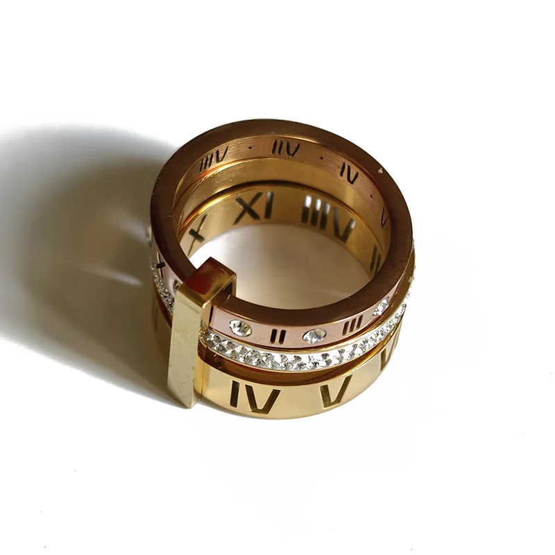 Band Ring Three Layers Roman Numeral Rings Stainless Steel Cubic Zirconia Men 3 in 1 18K Gold Plated Sample Engagement Rings