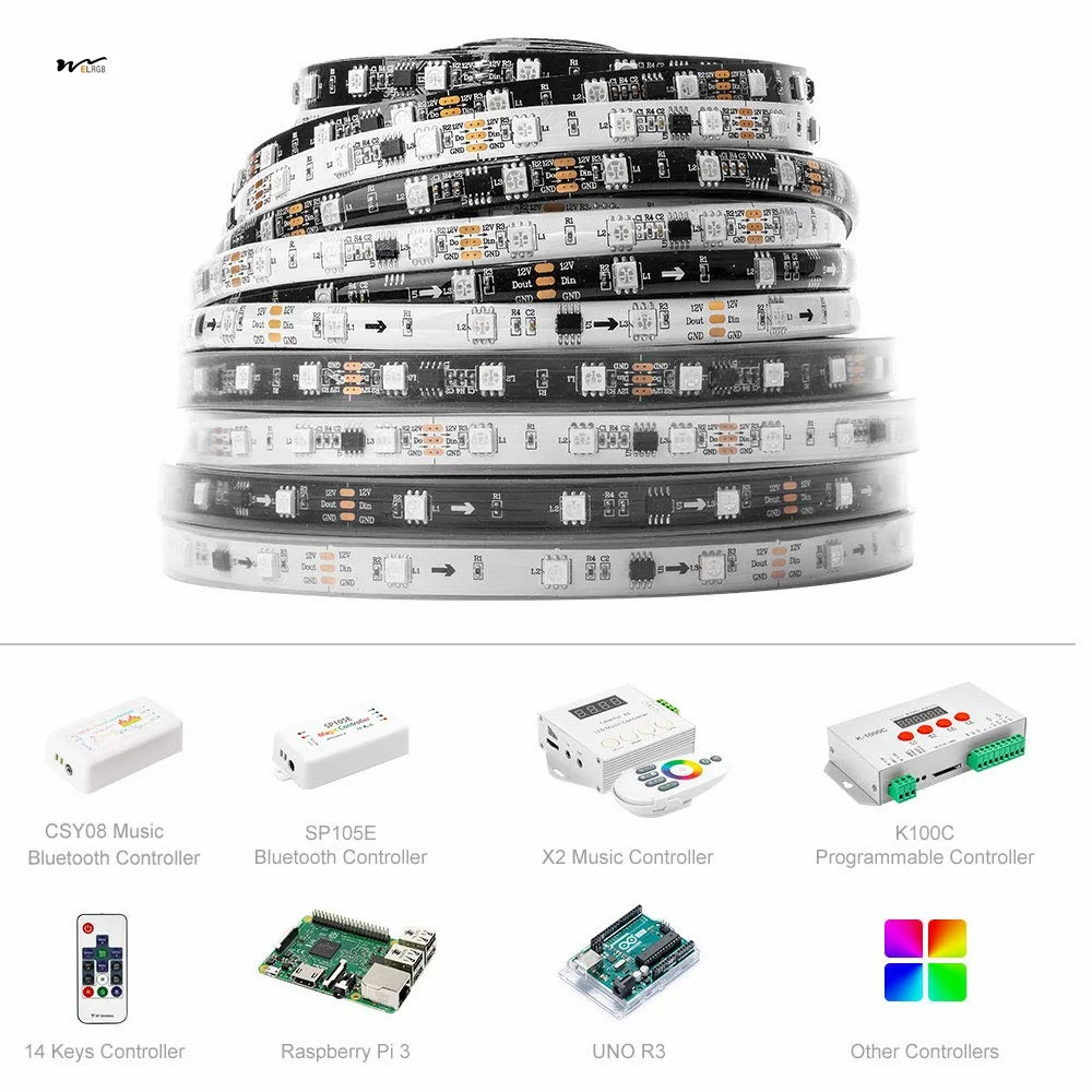 RGB+IC Addressable Dream Color LED Strip 16.4FT 60LEDs/m 20Pixels/m Non-Waterproof White PCB Flexible DC12V Chasing Effect
