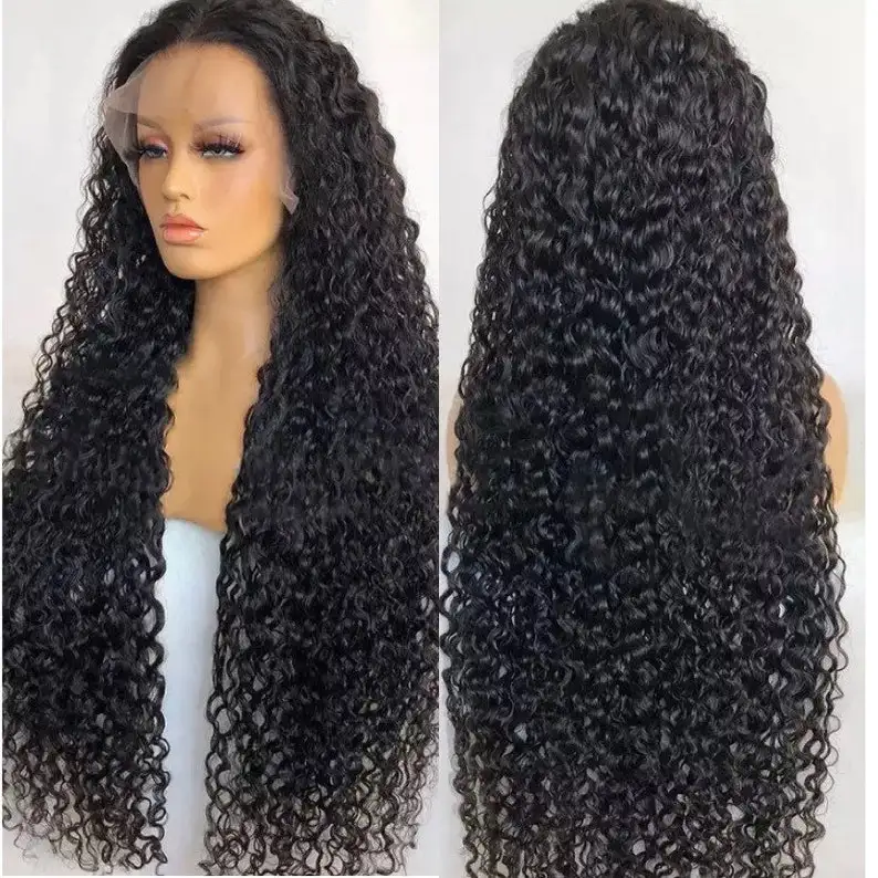 Factory price pre plucked lace frontal natural hair curly wig water wave wigs human hair for black women