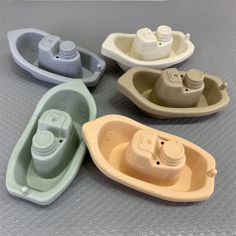 Custom Hot Selling Bathroom Cartoon Baby Stacking Ship Set 5 Piece Eco Friendly Wheat Straw Recyclable Plastic Boat Bath Toy