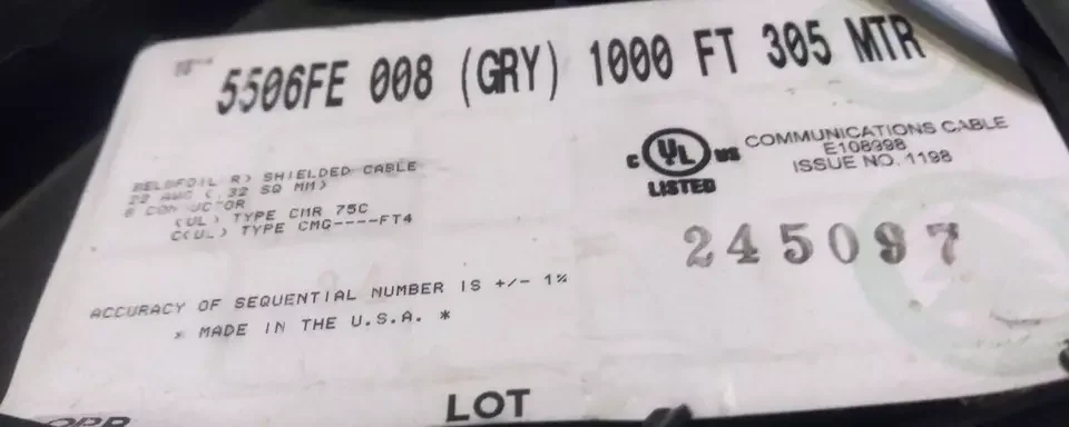 belden cable Security Sound Cable Riser-CMR 8-22 AWG stranded bare copper conductors with polypropylene insulation BELDEN 5506FE