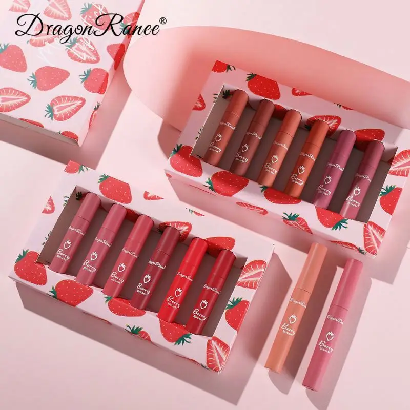 Discount strawberries 6pcs Liquid Velvet Matte Lipstick Waterproof Long Lasting Silky Gloss Red Sexy Lip Makeup