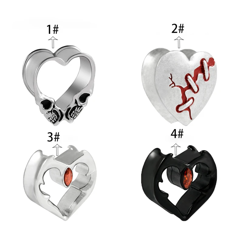 Wholesale Stainless Steel CZ Heart Ear Gauges, Flesh Tunnels, Plugs, Punk Heart, Evil Stretcher Piercings for Men and Women