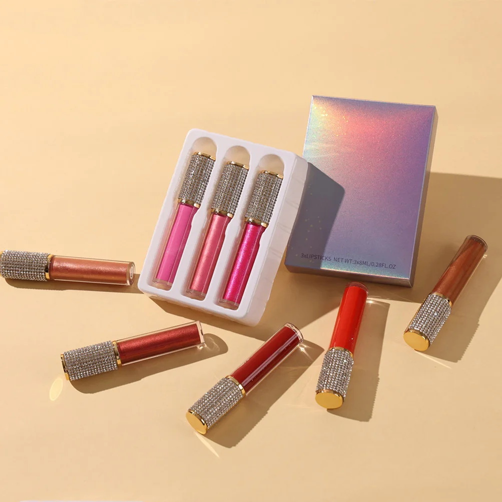Diamond Lipgloss Kits 3 Pcs Liquid Lipstick Gift Set Private Label Matte Lip Gloss Bulk Wholesale Makeup Kit Long