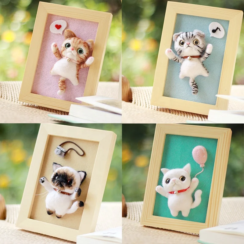 Wool Felting DIY Kits Needle Felt Handicraft Making Supplies Set Photo Frame Optional Lovely Adorable Cat