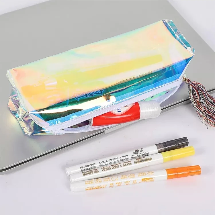 Holographic PVC Pencil Storage Bag Colorful Laser Stationery Pencil Case With Tassel