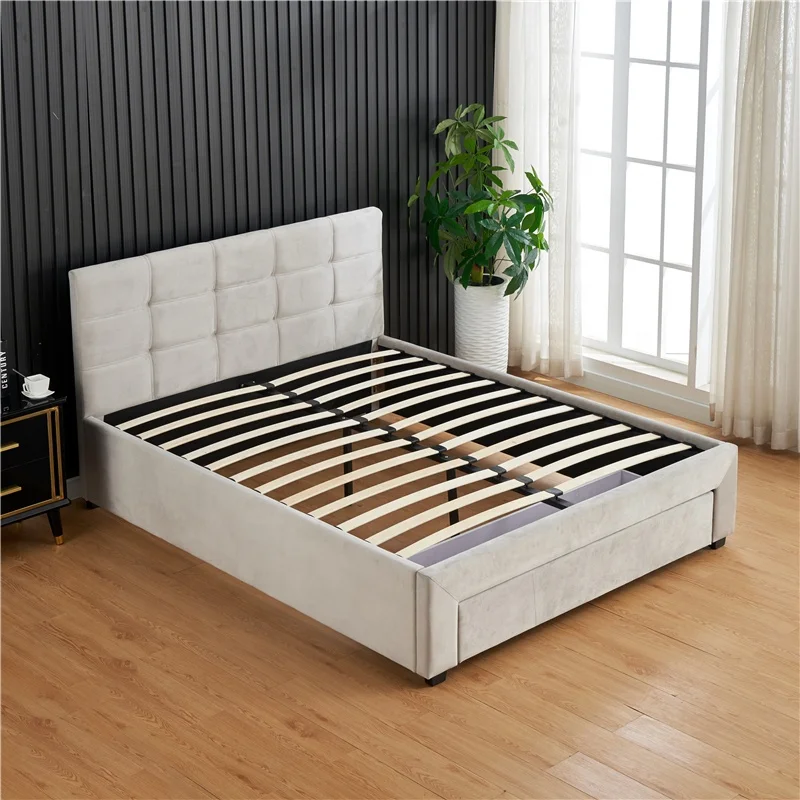 Light Grey Tufted Modern Master Bedroom Furniture Bed With Drawers Storage Bed Queen King Size Modern Soft Bed Frame