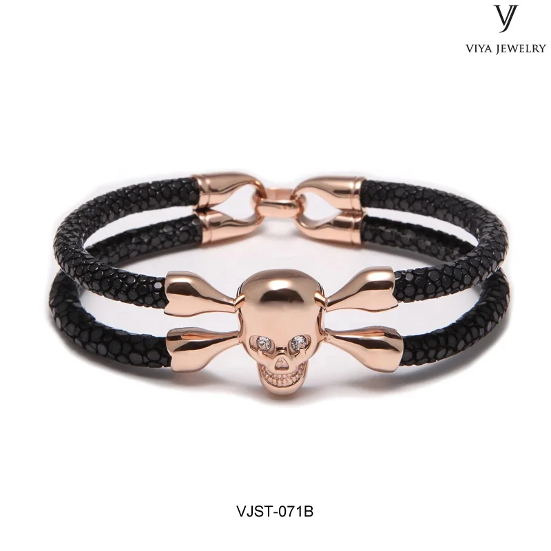 Wholesale Popular Skull stingray Leather Bracelet with 18K Gold Plating Over Stainless Steel