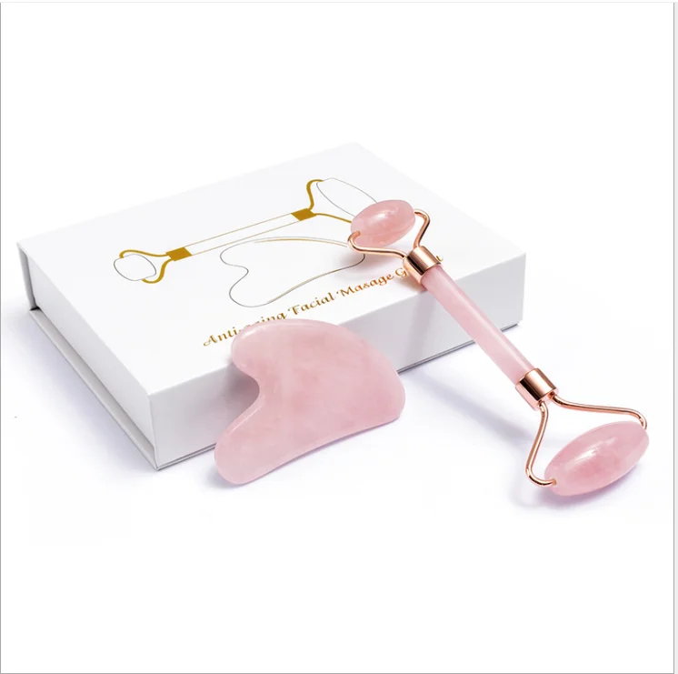 Custom Amazon Hot Sale 100% Natural Handmade Rose Quartz Stone Massager Gua Sha Rose Quartz Jade Roller kit for Face