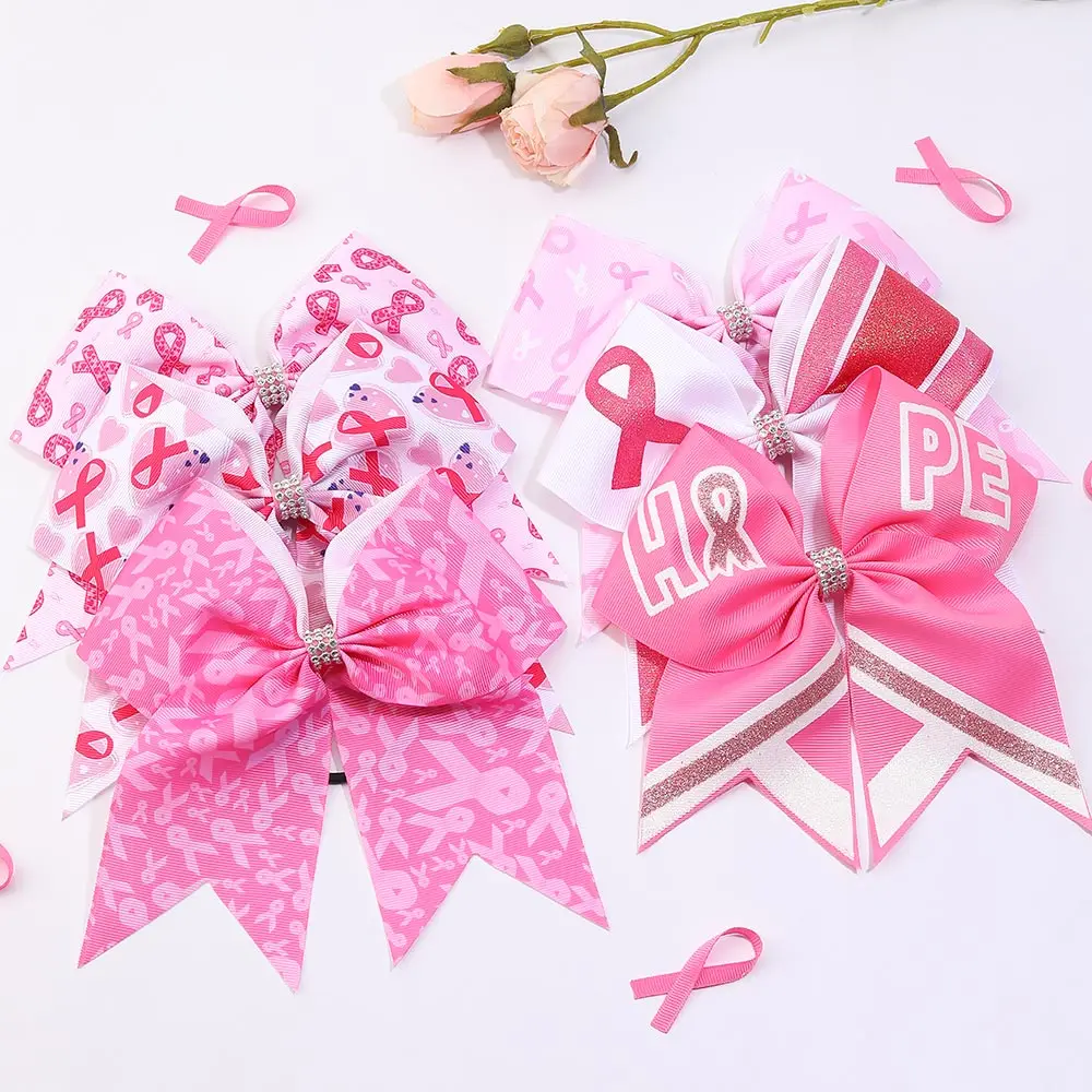 7 Inch Cheap Pink Ribbon Cheerleading Bows for Girls and Women Breast Cancer Cheer Bows with Elastic Band
