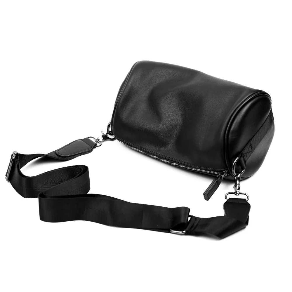 Custom oem mens leather gym cylinder phone bag men designer plain crossbody messenger bag for men shoulder messenger black
