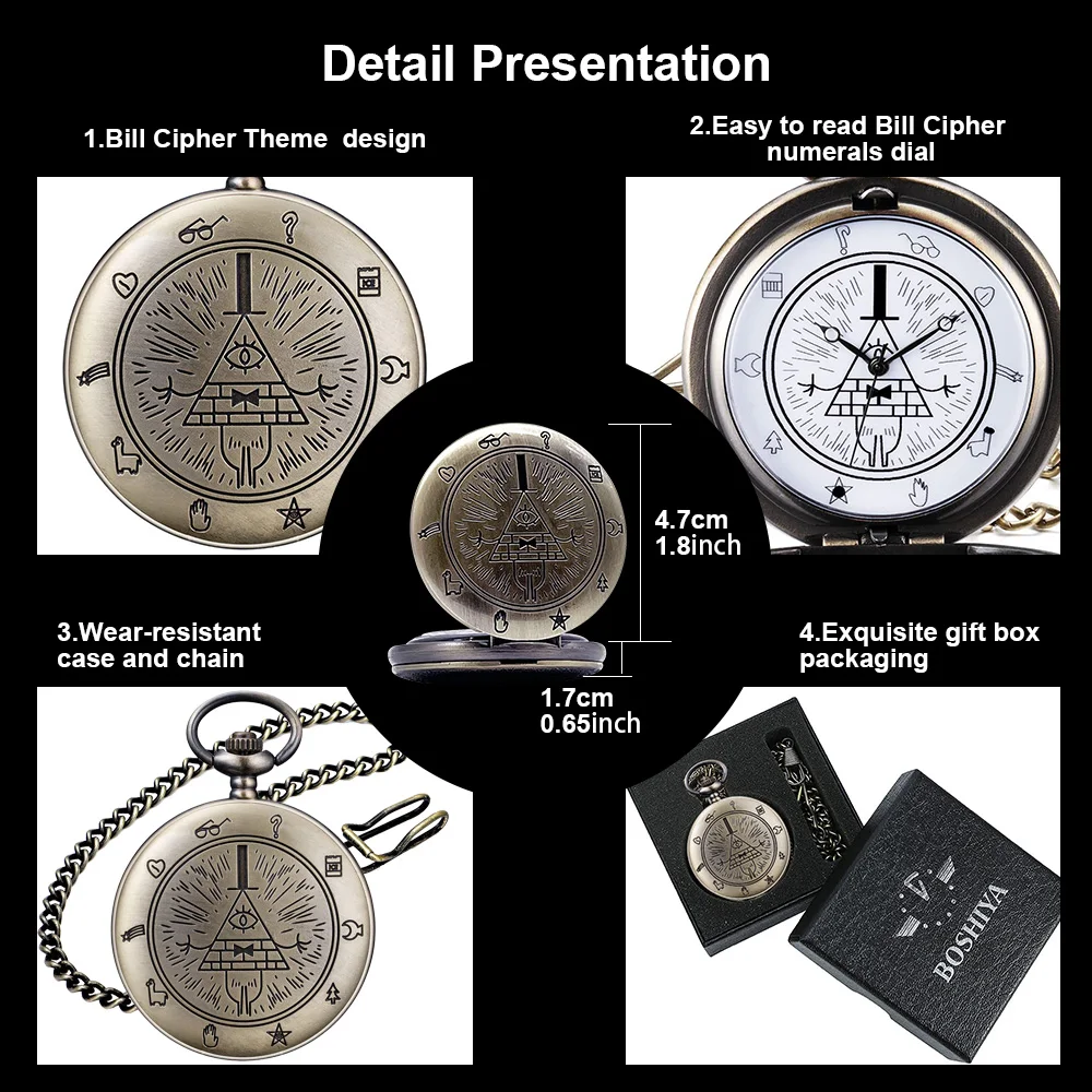 Retro Bronze Necklace Jewelry Chain Clock Quartz Analog Steampunk Bill Cipher Gravity Falls Pocket Watch For Men Gift
