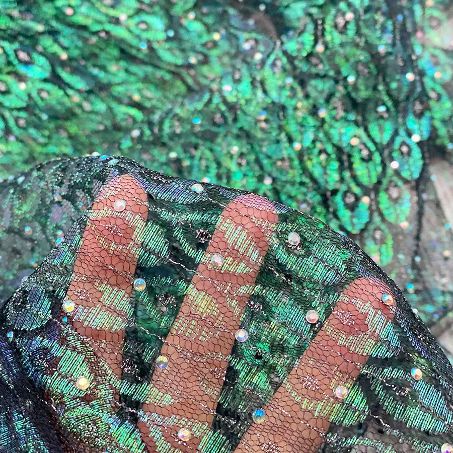 2022 new design shiny multicolor peacock feather pattern rhinestone process jacquard lurex mesh with stone