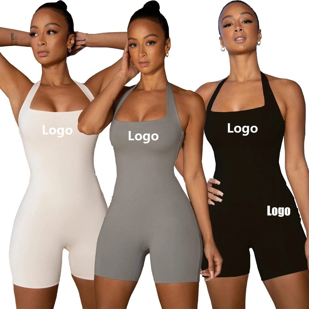 Custom Women Quick Dry Workout Sexy Halter Neck Backless One Piece Yoga Gym Shorts Bodysuit Jumpsuit