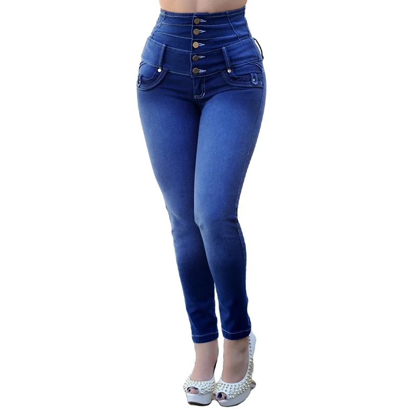 Custom logo blue jeans slim fit high waist sexy women jeans pants denim