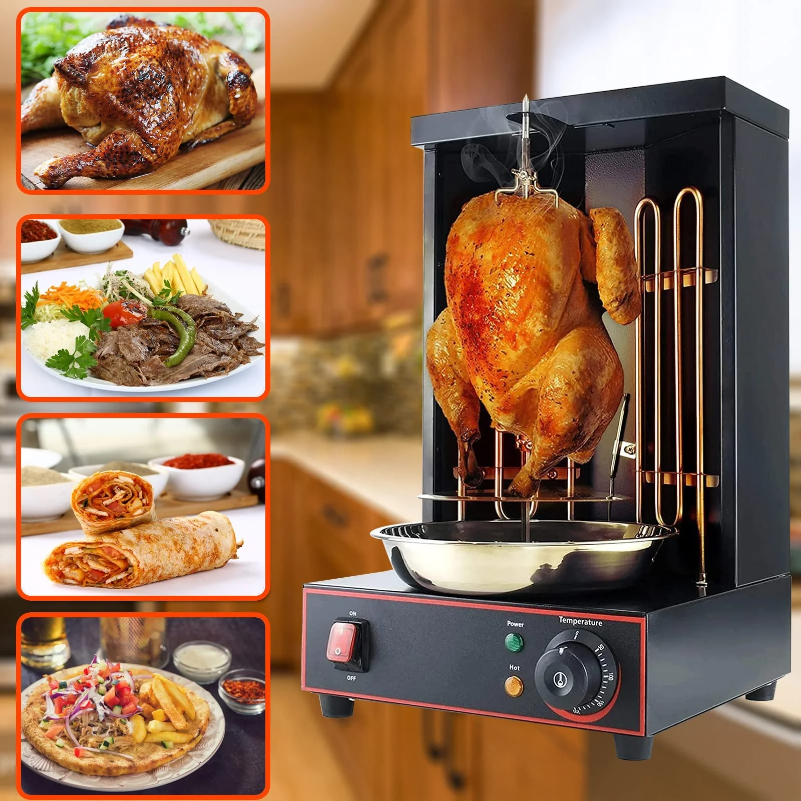 Electric Vertical Chicken Grill Machine Countertop BBQ Rotisserie Stainless Steel Body with 2 Burners