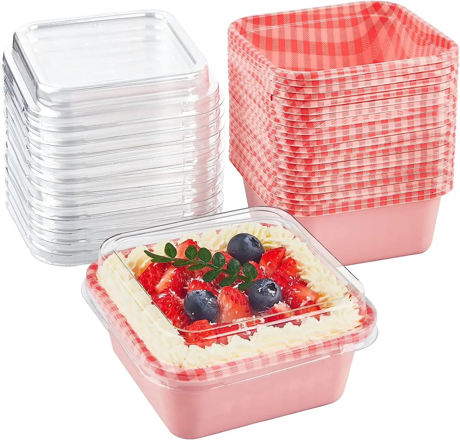 Plastic Dessert Cups Pink Plaid Charcuterie Boxes with Clear Lids To Go Picnic Food Containers for Cake Slice Bakery Desserts