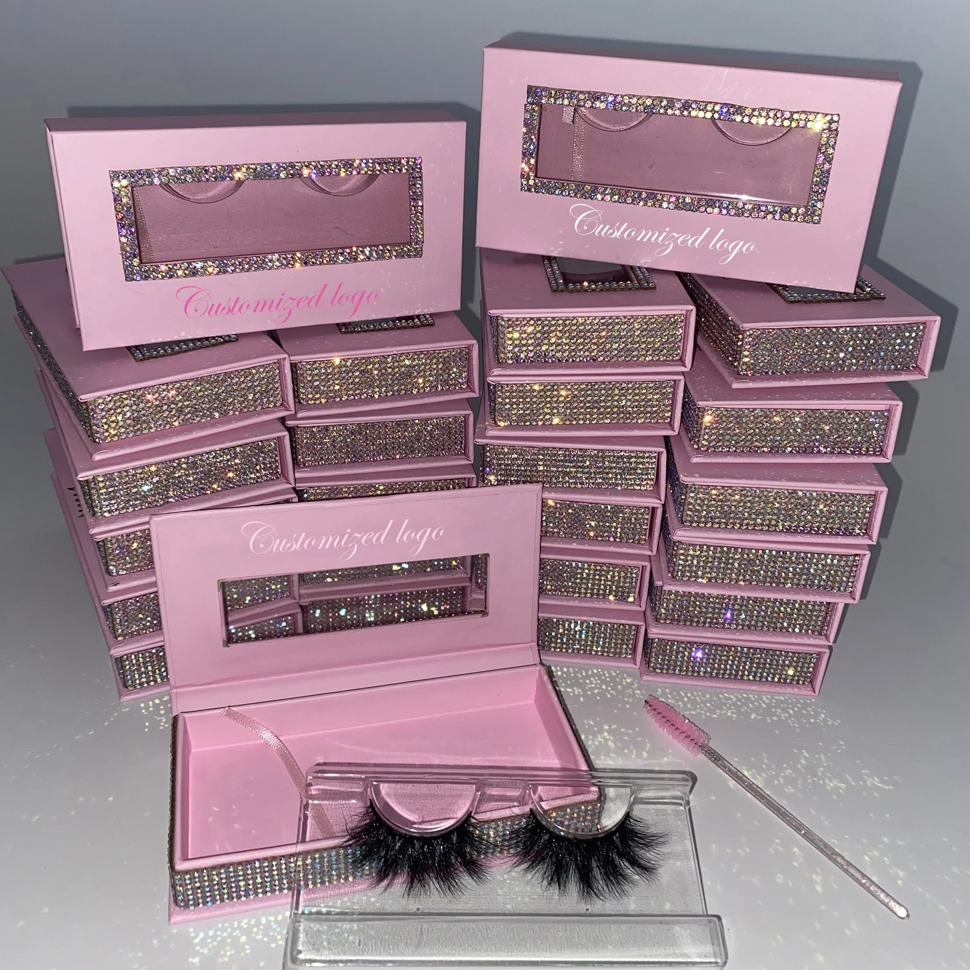 Wholesale eyelash packaging With chain OEM logo 10-14mm mink eye lash window lashpackaging box