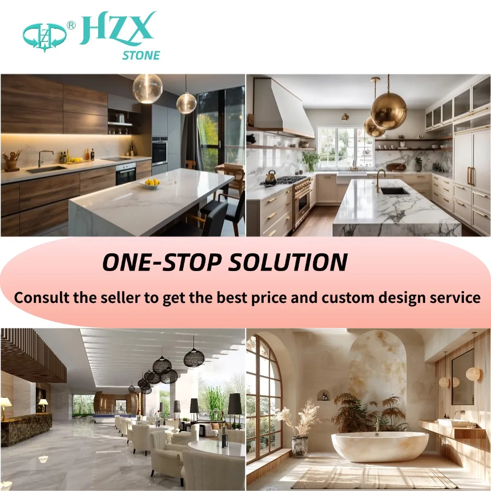 HZX Modern Polished Granite Kitchen Top Brazil Natural White Quartzite Stone Luxury Marble dining table Villas Sink Countertops