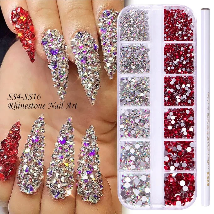 New 12 Grids Geometry Shiny Glass Crystal Rhinestones Nail Decoration Round Flat Back DIY Nail Art Crystals Jewelry +Dotting Pen