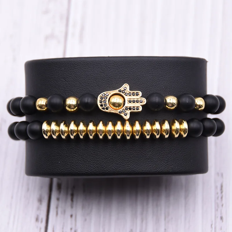 Fashion Set Micro Pave CZ Disc Ball Charm Bracelet 2Pcs/Set 6mm Elastic Natural Matte Agate Stone Bracelet 4 Colors Available
