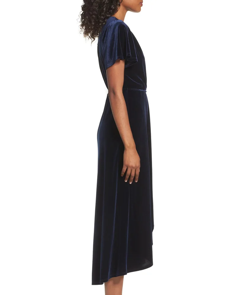 Surplice v neck ladies faux wrap velvet midi dress summer 2020