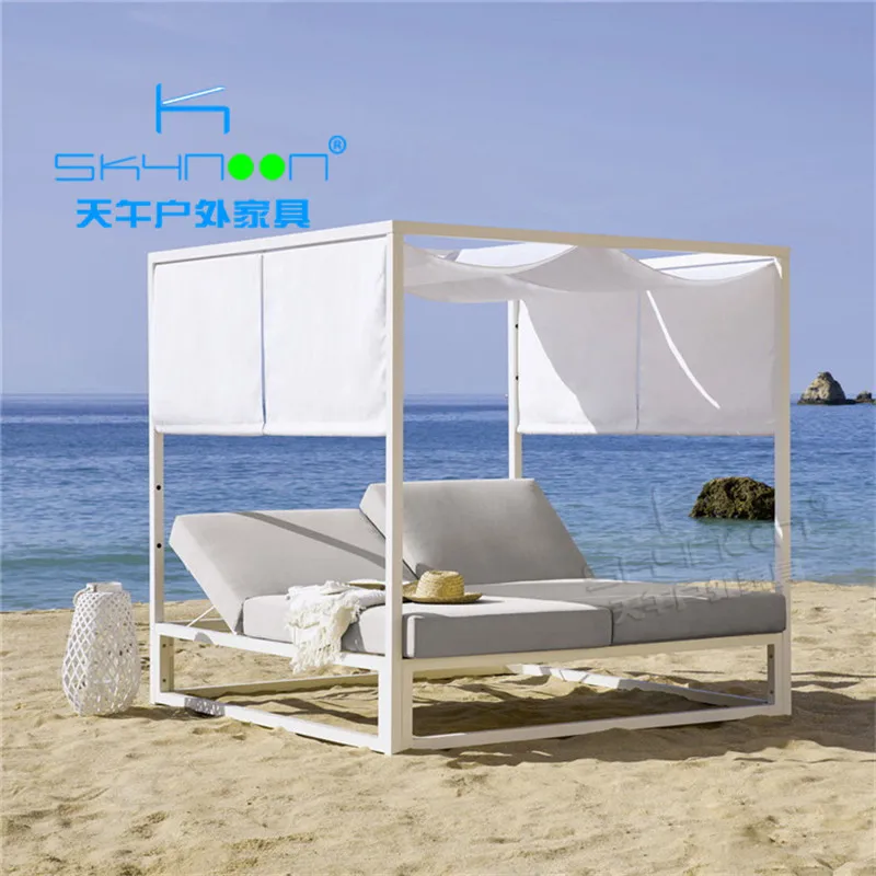 Factory price double sun lounger with canopy high temperature resistant aluminium beach bed high quality daybed outdoor(33021)