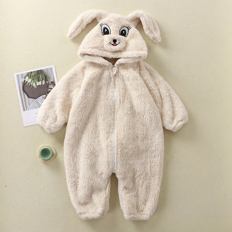 Baby Cartoon Rabbit Panda Plush Jumpsuit Infant Warm Flannel Clothes Toddler One-piece Hooded Romper