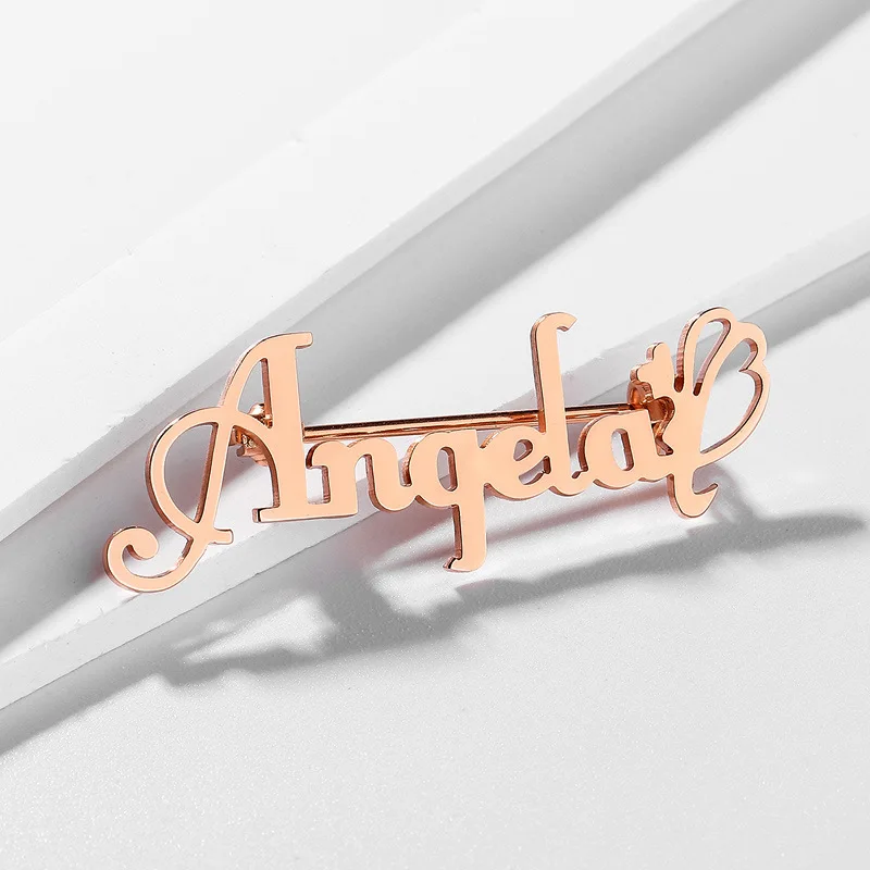 Custom modern stainless steel pin stylish metal pattern logo hollow pin English letters brooch pin brooch laser cut