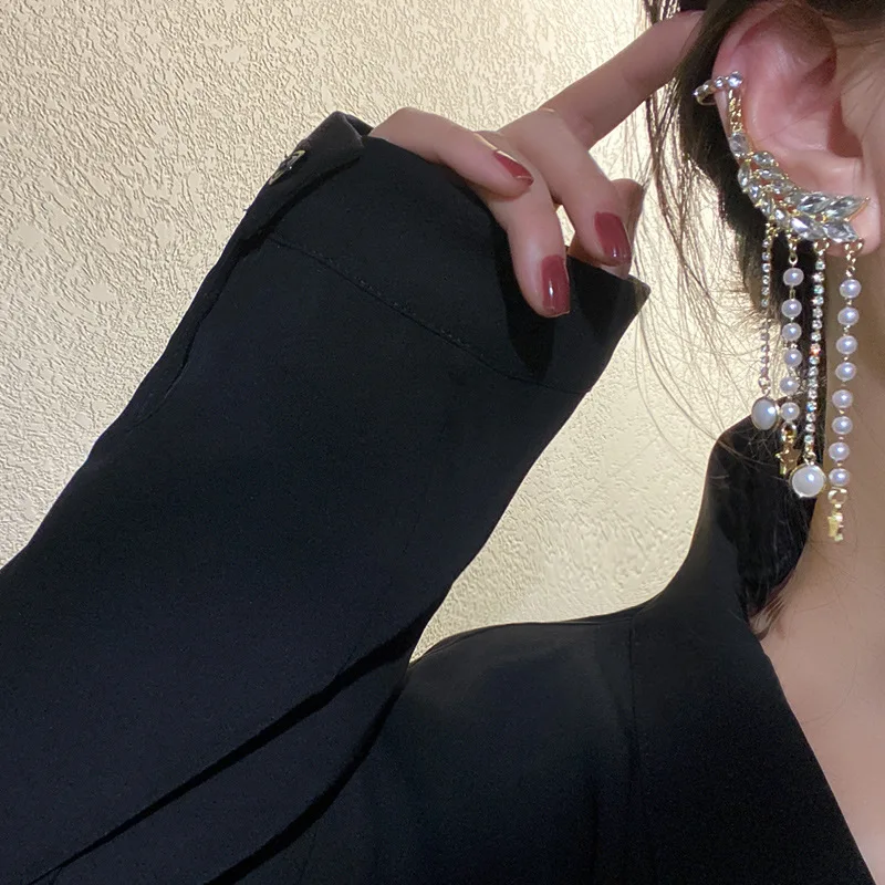 925 Silver Needle Diamond Pearl Tassel Ear Bone Clamp Retro Temperament Fashion Star Earrings