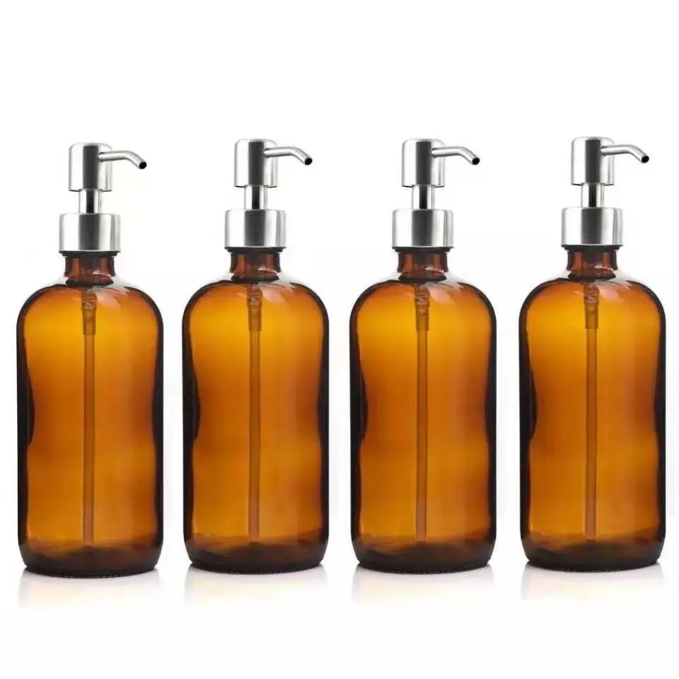 Hot Boston Amber 500ml Liquid Soap Dispenser Glass Pump Bottle with Stainless Steel Lotion Pump