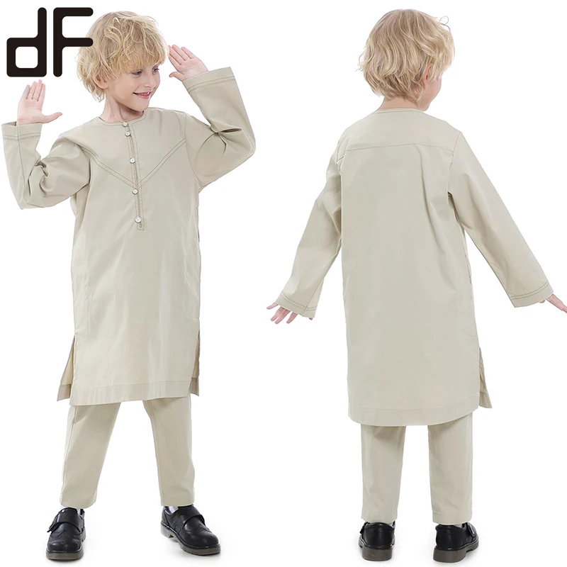 wholesale islamic children set clothing boys grey green button up kurta shirts with pants arabic tradition clothes for boy