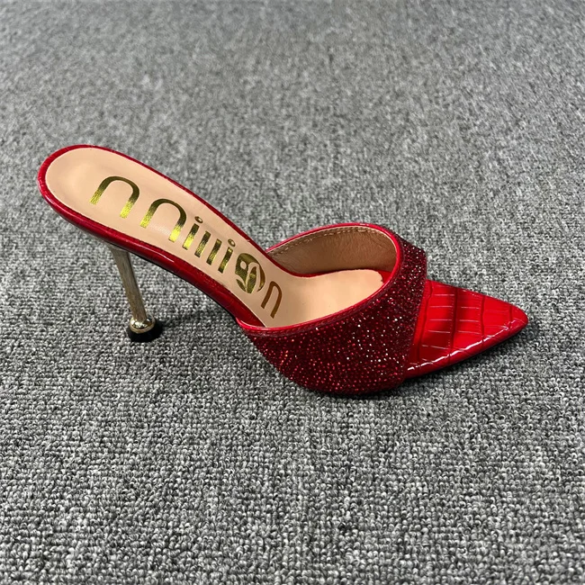 Stylish Pointed toe shoes stiletto heels slippers for women Sexy Beauty Shiny ladies slippers