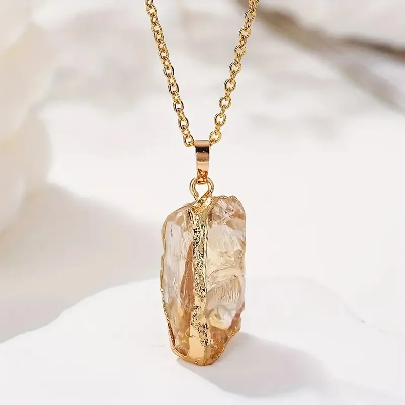 Natural irregular raw stone crystal plating gilt pendant powder crystal topaz diy jewelry women accessories necklace