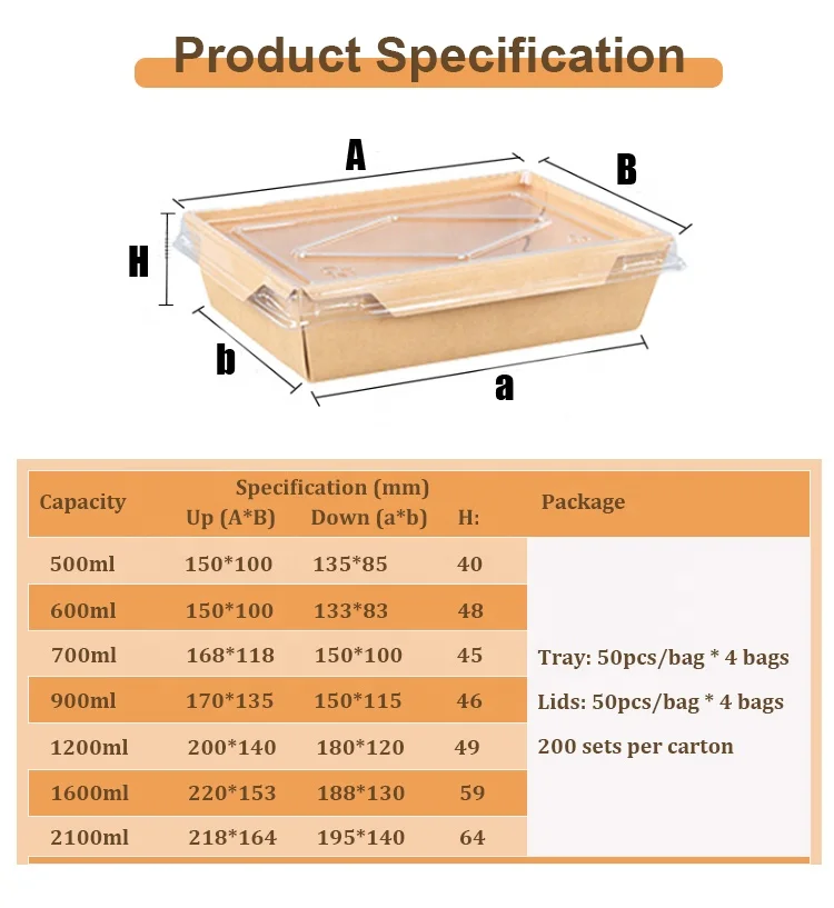 Rectangular Disposable Kraft Paper Tray with Transparent Lid Take Out Catering Brown Container with Clear Cover To Go Container
