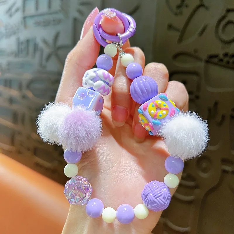 Fashion Creative Hand Drawn Doll Letters Fluff Ball Beads Phone Chain Bag Hanging Accessories Headphone Bracelet Beaded Keychain