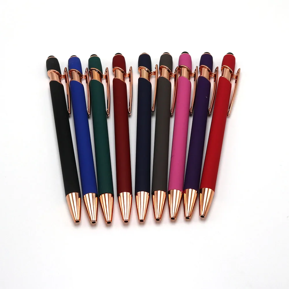 soft finished 2 in 1 promotional pen custom logo ballpoint pen stylus rose gold metal pens with custom logo