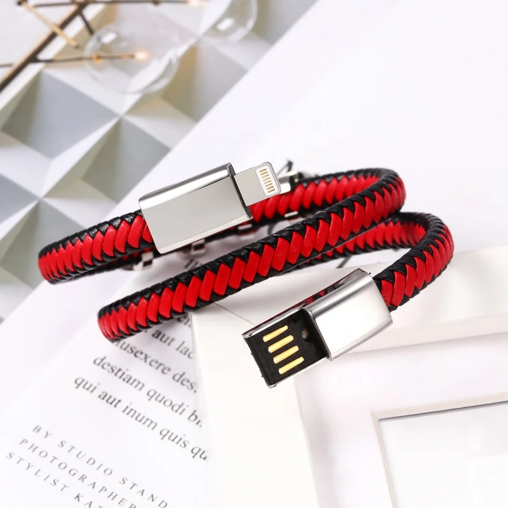 VEROMCA  Cable Bracelet Stainless Steel Metal with Genuine Leather Charging USB Bracelet