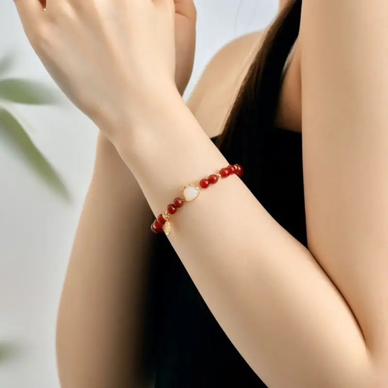 Dainty 925 Sterling Silver 18k Gold Plated Link Chain Fine Jewelry Chinese Zodiac Hetian Jade Dragon Red Agate Bracelet
