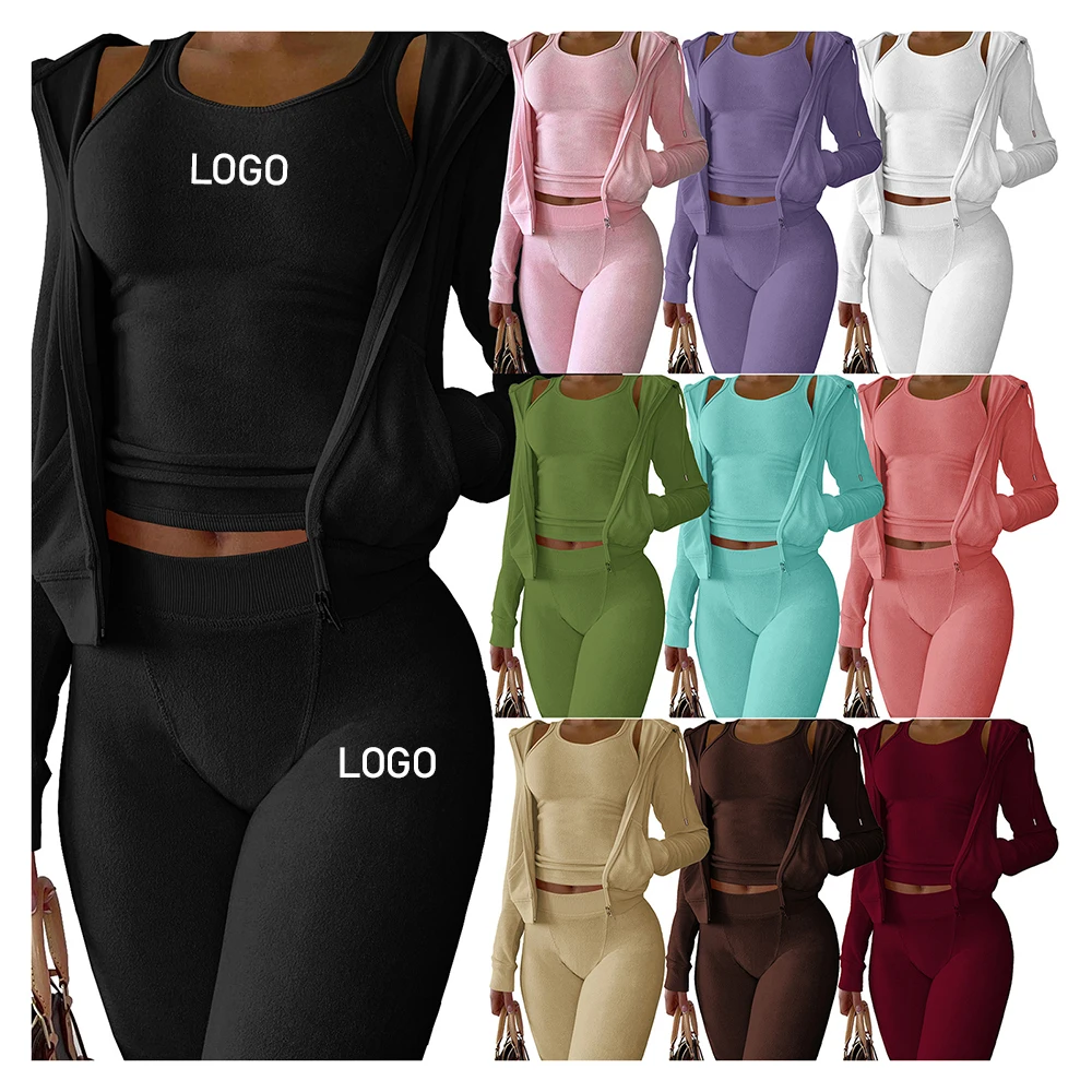 Ladies velvet women 3 piece crop hoodie womens sweat velour tracksuit custom track suit with embroidery logo