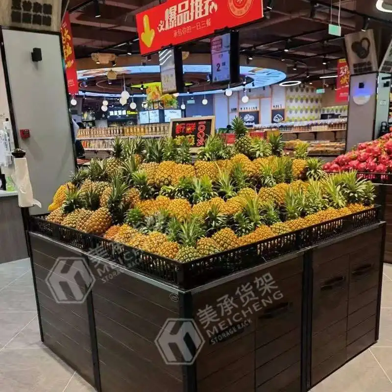 Meicheng Shop Racks Wooden Vegetable Stand Supermarket Steel Wood Fruit Vegetable Display Stand