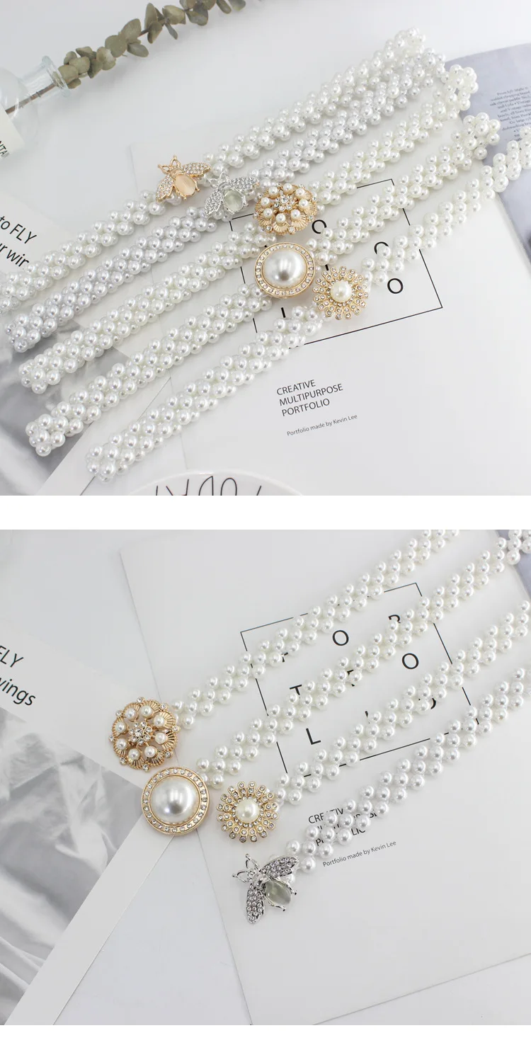 33 Styles Belt Rhinestone Pearl Waist Chain For Women Dresses Alloy Buckle Adorned Elastic Waistband