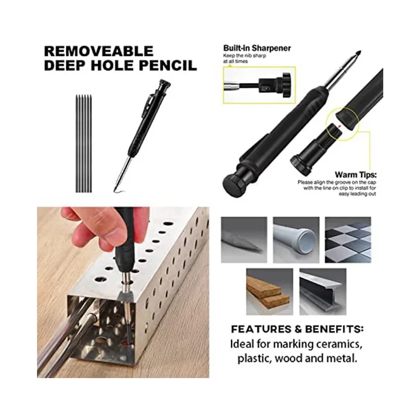 4 in 1 Multifunctional Tool Construction Pencil Deep Hole Woodworking Marking Scriber Pencil Custom Carpenter Pencil Set Refill