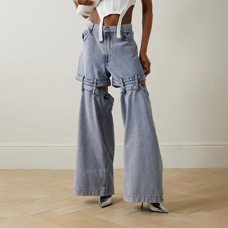 American retro fashionable wide leg denim pants knee cut-out design sweat pants women wide leg jeans