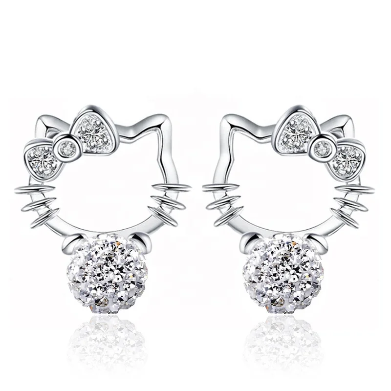 Lovely Bow Kate Cat Necklace Earring Set Jewelry Full Of Rhinestone Shambhala Ball Women 925 Sterling Silver Hello Kitty Jewelry
