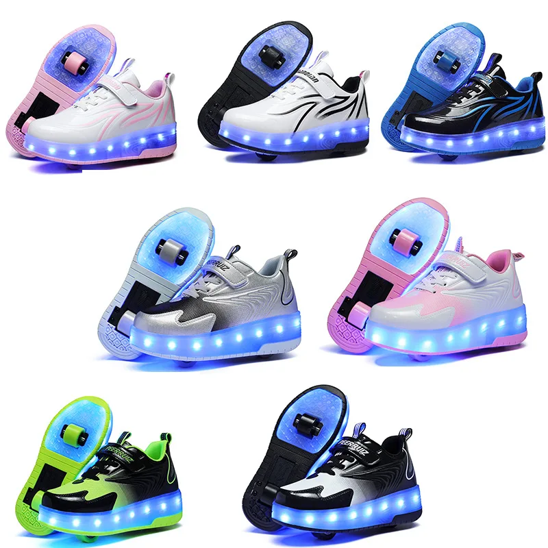 Rage shoes adult luminous charging pulley two-wheel boys and girls light shoes wheel shoes
