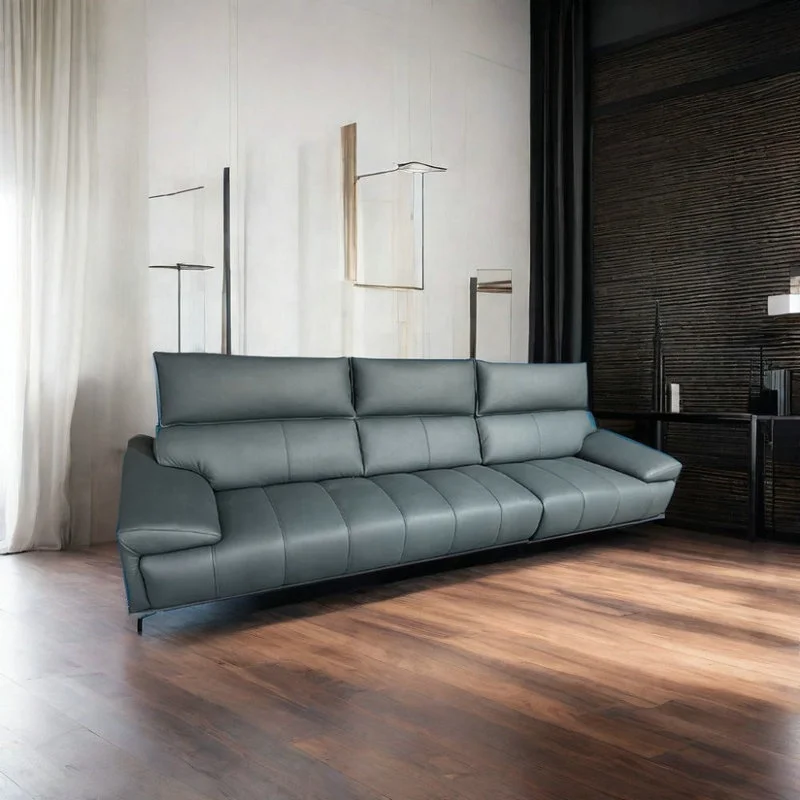 I Shape Adjustable Head Premium Genuine Leather Sofa With Black Steel Legs For Living Room Furniture