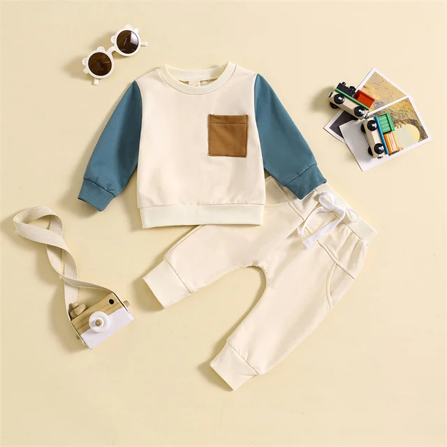 1 Pcs Custom Tag Color blocks Cotton Outfit Spring Autumn Newborn Infant Toddler Clothes Top Pants Pocket Boys Baby 2 Pieces Set