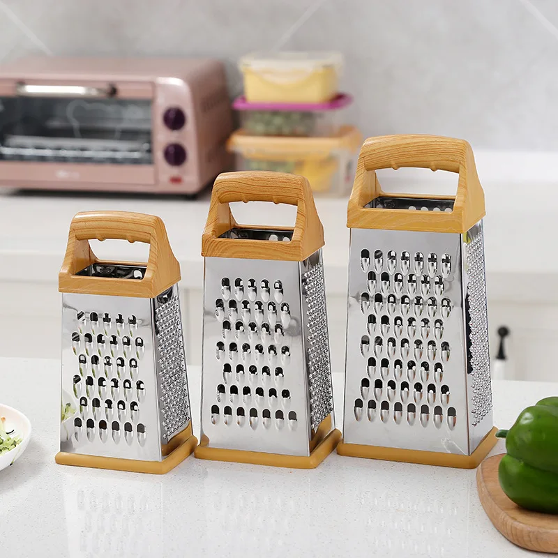 4 Sides Kitchen Grater Wood Grain Handle Manual Cheese Vegetable Grater Stainless Steel