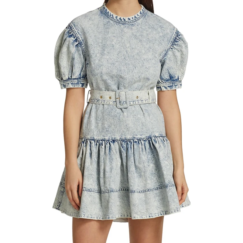 new Acid wash heavy weight women plain fashion short pleated bubble sleeve ruffle flounce trim hem denim summer casual dresses